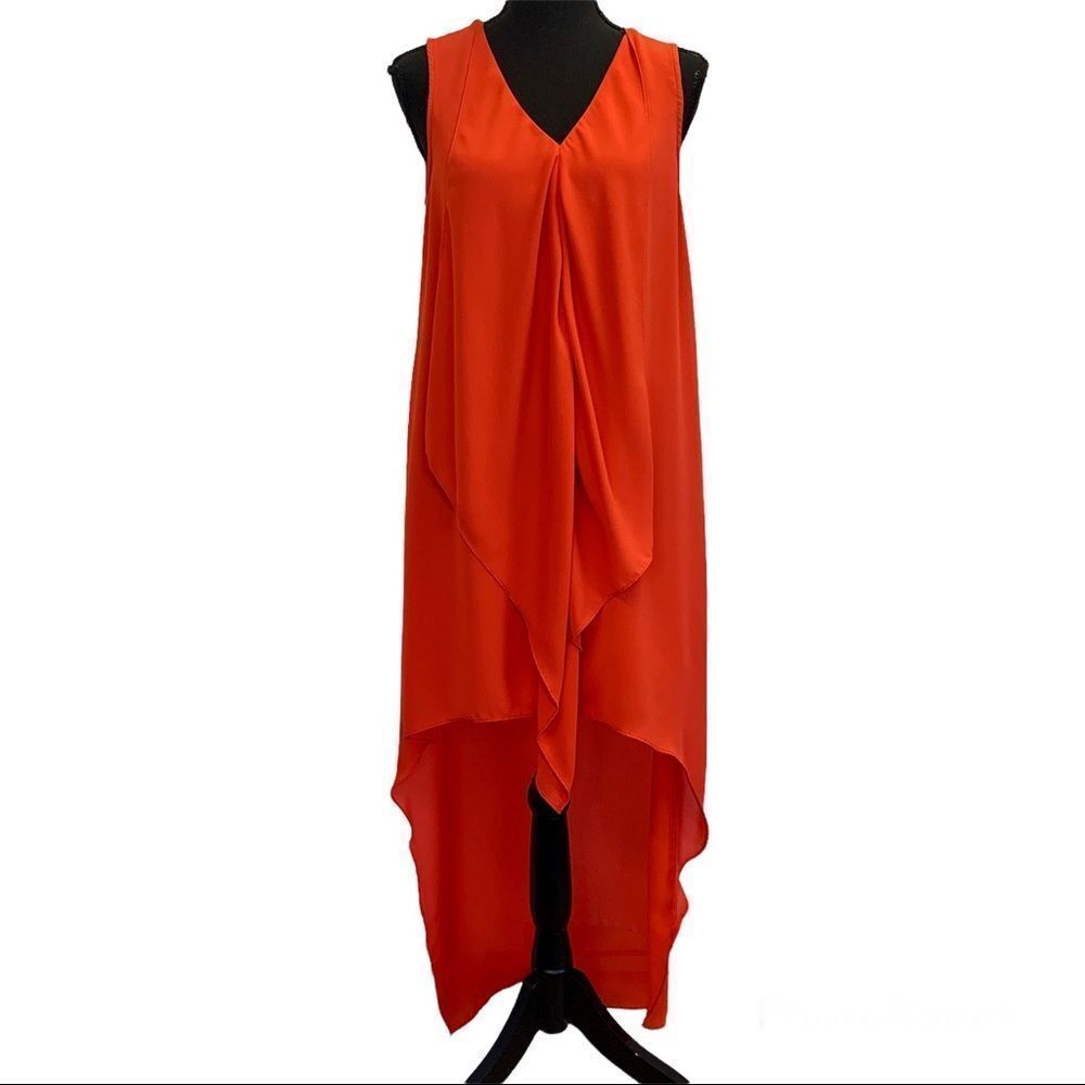 𝅺CAROLINA Belle red sleeveless flowy ruffle frill front midi dress Sz S